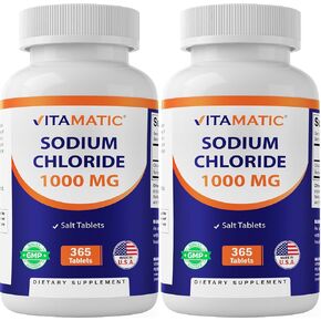 Vitamatic Sodium Chloride 1000mg, 365 Tablets - Salt Tablets, Non-GMO, Gluten Free - Electrolytes Replenisher Hydration Drink (2 Bottles)