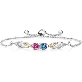 Gem Stone King 925 Sterling Silver and 10K Yellow Gold Customized and Personalized Engrave Gemstone Birthstone and white Lab Grown Diamond Tennis Bracelet For Women Fully Adjustable Up to 9 Inch