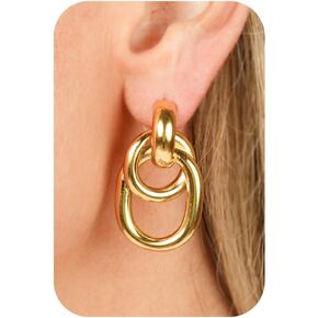 Chunky Gold Earrings-14K Gold Plated Ginkgo Leaf Bow Dangle Geometric Designed Drop Heart Teardrop Statement Chunky Earrings for Women
