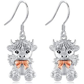 Highland Cow Earrings for Women 925 Sterling Silver Cow Dangle Earrings Cute Animals Jewelry Birthday Gift for Women