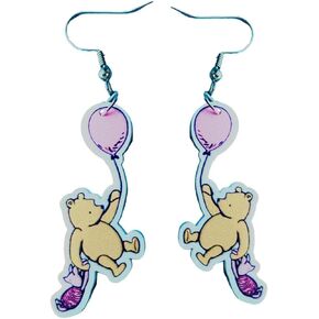 Cute Classic Pair of Pooh Bear Earrings for Women, Teachers, Birthday Parties and More. Cute Pooh and Piglet Flying Birthday Balloon Earrings for Educators, Librarians, Reading Teachers and More.
