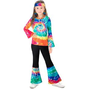 60s 70s Outfits Hippie Kid Girls Costume Set Disco Boho Flared Pants Accessories Set