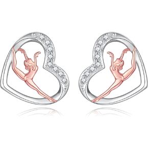 925 Sterling Silver Gymnastics Stud Earrings: Heart Gymnastics Gifts for Women Round Crystal Gymnast Stud Earrings Fashion Jewelry Gift for Daughter Niece