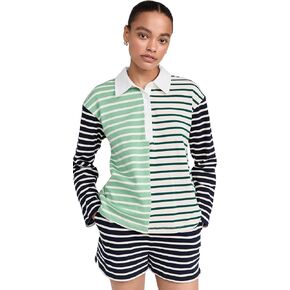 English Factory Women's Knit Stripe Colorblock Polo Sleeves Top
