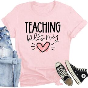 Teacher Valentine’s Day Shirt Women Teaching Fills My Heart Printed T-Shirt Casual Teacher Tee Tops