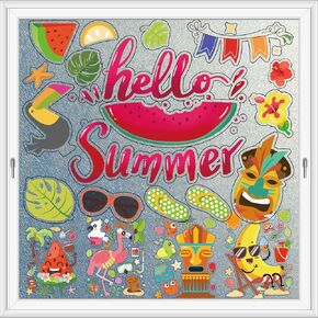 Summer Window Clings 9 Sheets Double Sided Pattern Window Decorations for Summer Hawaiian Tropical Home Office Refrigerator Glass Window Party Supplies