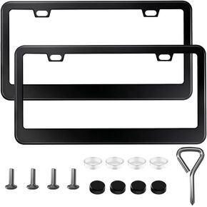 2PCS Premium Matte Black License Plate Frame, Stainless Steel License Plate Cover Auto Accessory with Screw Cap for Front and Rear License Plates, Women's/Men's Universal License Plate Frame (Black)