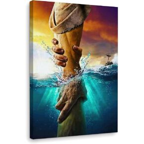 Framed Jesus Christ Canvas Wall Art The Hand of God Jesus Reaching Into Water Christian Painting Prints Biblical Wall Decor Religious Room Decor for Church Prayer Room Schools Hospitals 16" x 24"