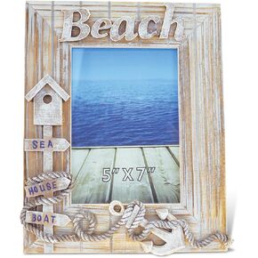 Puzzled CoTa Global Baja Beach 5x7 Frame - White Distressed Wood Beach Photo Frame, Handmade Tropical Sand Nautical Picture Frame for Tabletop and Ocean Decor - 10.5 Inches