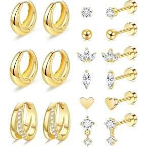 Flat Back Stud Earrings for Women Surgical Stainless Steel Flatback Stud Earring Sets Hypoallergenic Cartilage Tragus Piercing Jewelry Gold Plated
