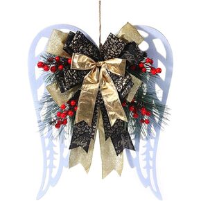 Christmas Wreath for Front Door White Angel Wings Artificial Winter Wreath with Large Multiple Bows Berry Pine Needles for Home Wall Holiday Decor (Multi-Color, 40cm*33cm)