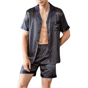 OYOANGLE Men's 2 Piece Satin Pajama Set Polka Dots Button Down Shirt and Shorts PJ Sets Nightwear