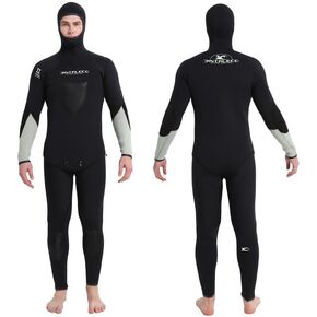 Spearfishing Wetsuit for Men, 2-Piece Hooded Design 7 mm & 5 mm Wetsuits, 7 mm Wetsuit Suitable for Temperatures Below 3℃ & 5 mm Above 4℃