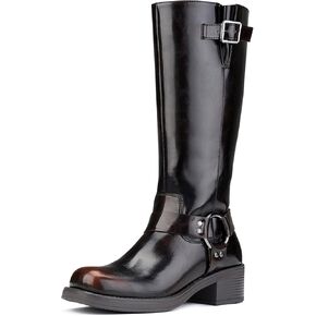 ZURIN Women's Knee High Boots Fashion Buckle Riding Boots Square Toe Chunky Block Heel Vintage Biker Motorcycle Boots for Women