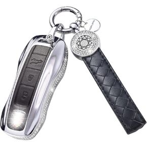 for Porsche Key fob Cover, Leather Crystal Key Case Protector Compatible with Porsche Cayenne 911 Taycan Panamera Remote Key (White)