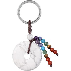 Amogeeli Donut-Shaped Crystal Keychain with 7 Chakra Stone Beads Tassels, Healing Stone Keyring for Women Men