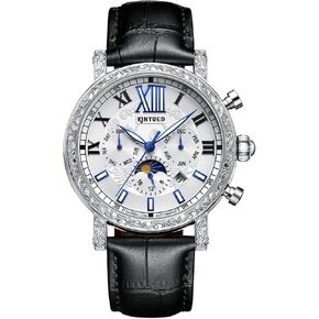 IK COLOURING Mens Luxury Skeleton Automatic Mechanical Wrist Watches with Calendar,Week,Moon Phrase Leather Luminous Hands Self-Wind Wrist Watch for Men Gift