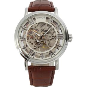 SEWOR Men's Mechanical Skeleton Transparent Vintage Style Leather Wrist Watch (Sliver)