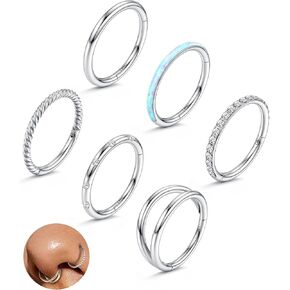 Besteel 18G Surgical Steel Nose Rings Hoop for Women Men Small Opal CZ Clicker Hinged Septum Piercing Jewelry Lip Helix Cartilage Conch Tragus Rook Daith Earrings