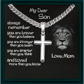 To My Son Cuban Chain with Cross Necklace Box with Card,Jewelry Gift For Boy On Birthday,Graduation,Christmas Gifts