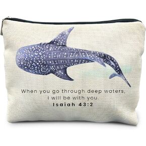 Whale Shark Christian Makeup Bag Pouch, Christian Shark Gifts for Women, Bible Verse Gifts Isaiah 43:2, When you go through deep waters I will be with you