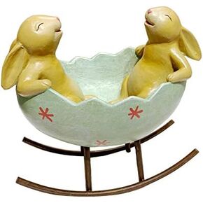 Spring Easter Laughing Bunny Rabbits Rocking in an Egg Cradle Vintage Rustic Country Bunnies Rabbit Figurine Cute Bunny Candy Dish