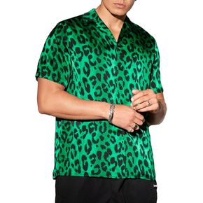 WDIRARA Men's Leopard Print Short Sleeve Shirt Button Front Casual Street Wear Tee Shirt