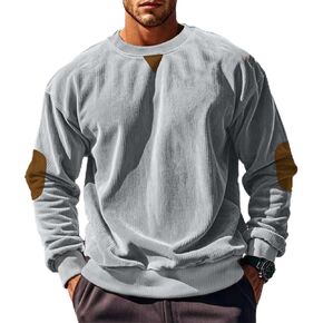 Mens Long Sleeve Shirts Casual Crewneck Corduroy Shirt Lightweight Pullover Sweatshirts with Elbow Patches