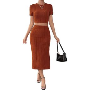 Floerns Women's 2 Piece Outfit Rib Knit Crop Top Tee with Slit Hem Skirt Set in Kuwait