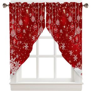 Swag Curtain,Christmas Ball Snowflake Red Gradient Kitchen Valances Rod Pocket Curtains Tier Pair Swag Topper,Xmas Silent Night Snow 2 Panels Window Treatment for Bathroom Living Room Bedroom