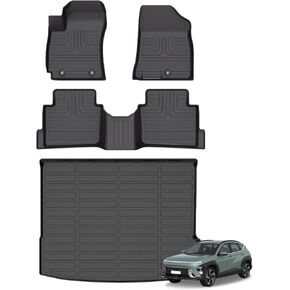 Floor Mats & Cargo Liner for Hyundai Kona 2024 2025 (Not for Electric Models) All Weather Automotive TPE Liners Set Anti-Slip Waterproof Floor Liners Accessories Black