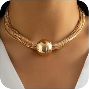 CJIAYUJEW Chunky Gold Choker Necklace for Women Tassel Statement Necklaces Chains Geometric Sphere Necklace Big Beads Pendant Necklace Multi Layer Chain Stacking Necklace Jewelry