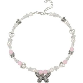 Y2K Star Butterfly Pearl Beaded Choker Necklace Vintage Gothic Cross Heart Flower Sun Pendant Necklace Adjustable Aesthetic Collar Necklace for Women Grunge Party Jewelry