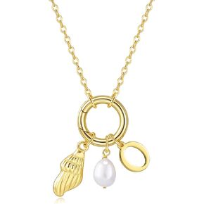 Charm Necklace for Women, 14K Gold Plated Dainty Conch Initial Necklace Gold Pearl Necklace Personalized Gold Jewelry for Women