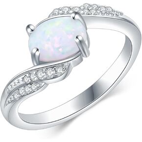 925 Silver White Oval Opal Ring with Angle Wings-Statement-rings Opal Jewelry Gifts for Women Her(Ring Size 5-9)