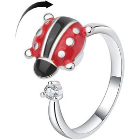 OIDIMS Rotatable Ladybug Ring Silver Anti Fidget Spinner Anxiety Rings Adjustable Open Statement Stress Relief Stackable Rings Crystal Wedding Jewelry Xmas Cute CZ Gifts for Women