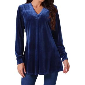 Seta T Women's Velvet Top V Neck Long Sleeves Solid Casual Tunic Blouse Loose T-Shirt
