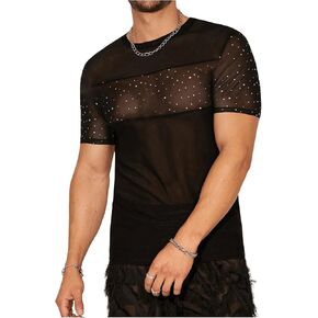 SweatyRocks Men's Rhinestone Sheer Mesh Short Sleeve Crew Neck T Shirts Party Tops
