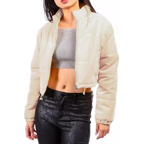 Women's Crop Puffer Jacket Long Sleeve Puffy Coat Stand Collar Zip UP Quilted Padded Drawstring Outwear with Pockets