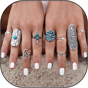 FUTIMELY Western Turquoise Knuckle Ring Set for Women Bohemia Vintage Cactus Arrow Finger Statement Ring Exaggerated Turquoise Midi Thumb Ring Ethnic Jewelry
