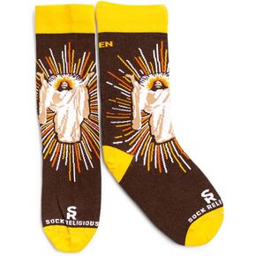 Sock Religious Resurrection Brown and Gold He Is Risen Men's and Women's One Size Fits Most Polyester Blend Catholic Inspirational Fun Crew Socks, Adult
