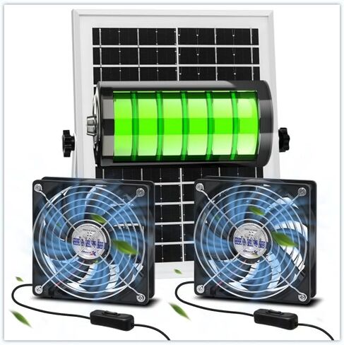 Solar Powered Fan with Battery, Solar Fan for Greenhouse Circulation with 10Ft On/Off Cable, Waterproof Solar Fan Exhaust Intake for Chicken Coop, Shed, Pet Houses, Ventilation in Saudi Arabia