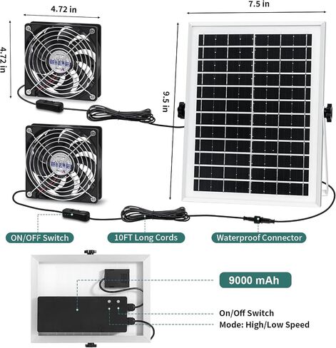 Solar Powered Fan with Battery, Solar Fan for Greenhouse Circulation with 10Ft On/Off Cable, Waterproof Solar Fan Exhaust Intake for Chicken Coop, Shed, Pet Houses, Ventilation in Saudi Arabia