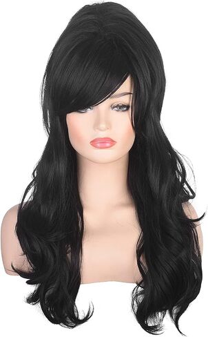 Women Black Beehive Wig Long Curly Wavy Bouffant Heat Resistant Synthetic Hair wigs for Womens Vintage Costume Cosplay Halloween Party in Saudi Arabia