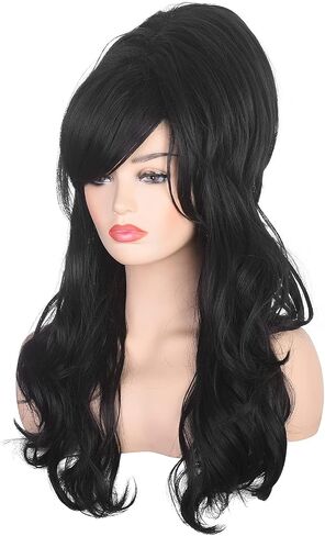 Women Black Beehive Wig Long Curly Wavy Bouffant Heat Resistant Synthetic Hair wigs for Womens Vintage Costume Cosplay Halloween Party in Saudi Arabia