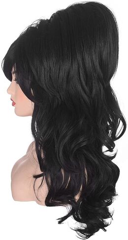 Women Black Beehive Wig Long Curly Wavy Bouffant Heat Resistant Synthetic Hair wigs for Womens Vintage Costume Cosplay Halloween Party in Saudi Arabia