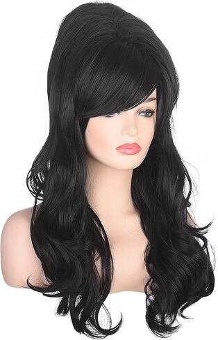 Women Black Beehive Wig Long Curly Wavy Bouffant Heat Resistant Synthetic Hair wigs for Womens Vintage Costume Cosplay Halloween Party in Saudi Arabia