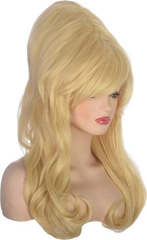 Women Black Beehive Wig Long Curly Wavy Bouffant Heat Resistant Synthetic Hair wigs for Womens Vintage Costume Cosplay Halloween Party in Saudi Arabia