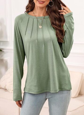EVALESS Womens Casual Spring Summer Tops 2025 Trendy Crewneck Long Sleeve Shirts Basic T Shirts Loose Fit Pleated Tee Blouses in Kuwait