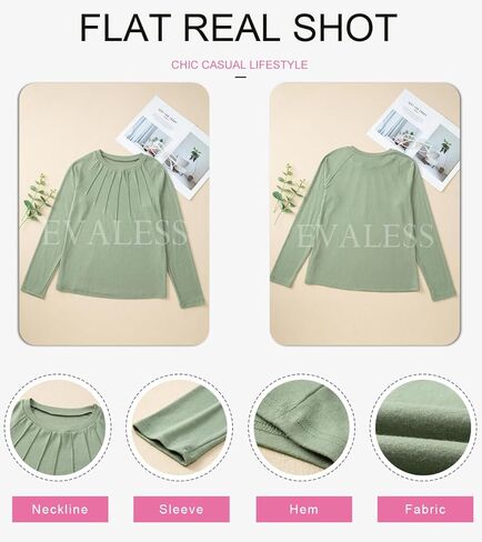 EVALESS Womens Casual Spring Summer Tops 2025 Trendy Crewneck Long Sleeve Shirts Basic T Shirts Loose Fit Pleated Tee Blouses in Kuwait